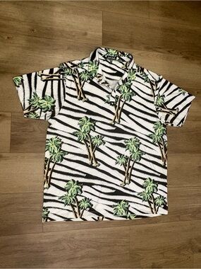 Bad Birdie Striped Palm Print Polo Shirt - White/Black/Green